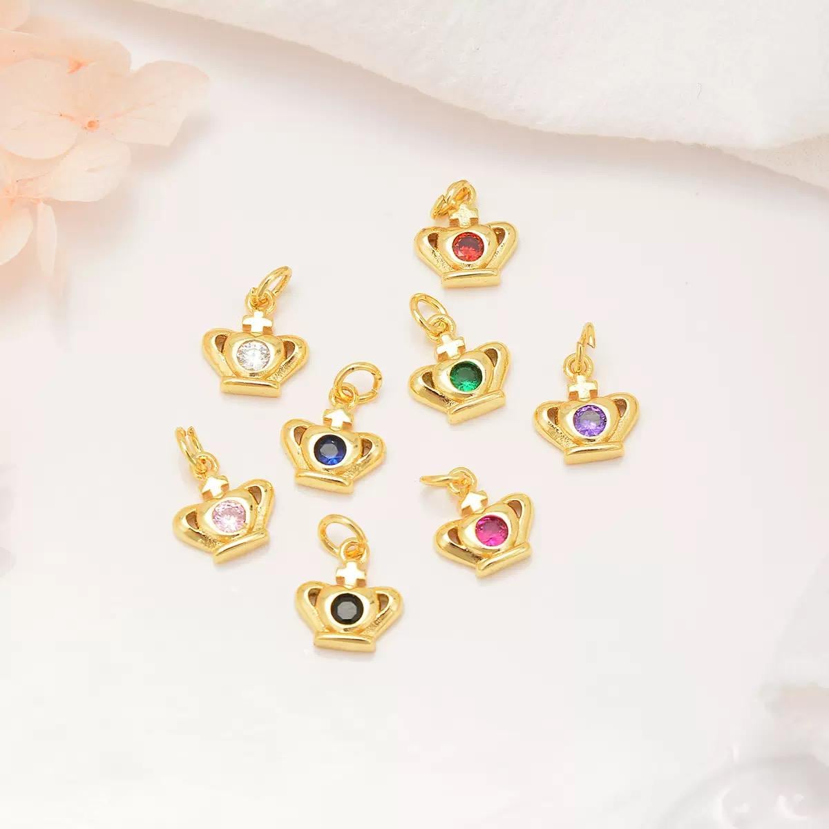 18K Gold Plated Crown Charms | Colorful Zircon Crown Pendant