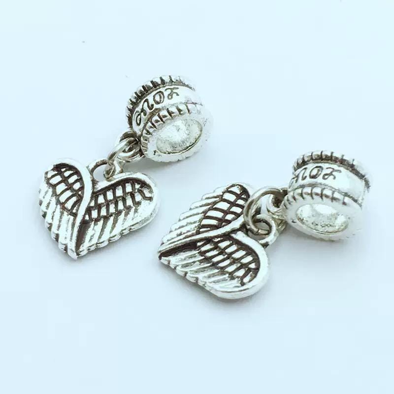 Angel Wing Heart Charm Antique Silver Dangle Bead for Bracelet Necklace