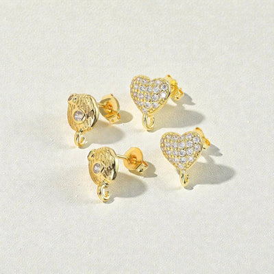 Gold Heart Stud Earrings with CZ | Dangle Ready Connector Studs for DIY Jewelry
