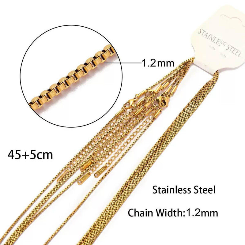18K Gold Plated Stainless Steel Box Chain Necklace 1.2mm | 45+5cm Extension | DIY Jewelry Chain