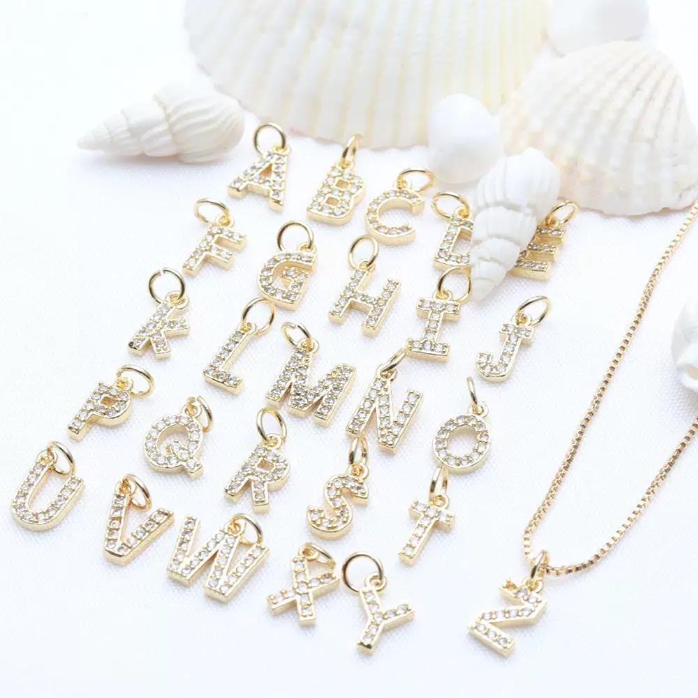 18K Gold Initial Letter Charms, CZ Alphabet Charms, AZ Gold Letter Pendant for Necklaces & Bracelets