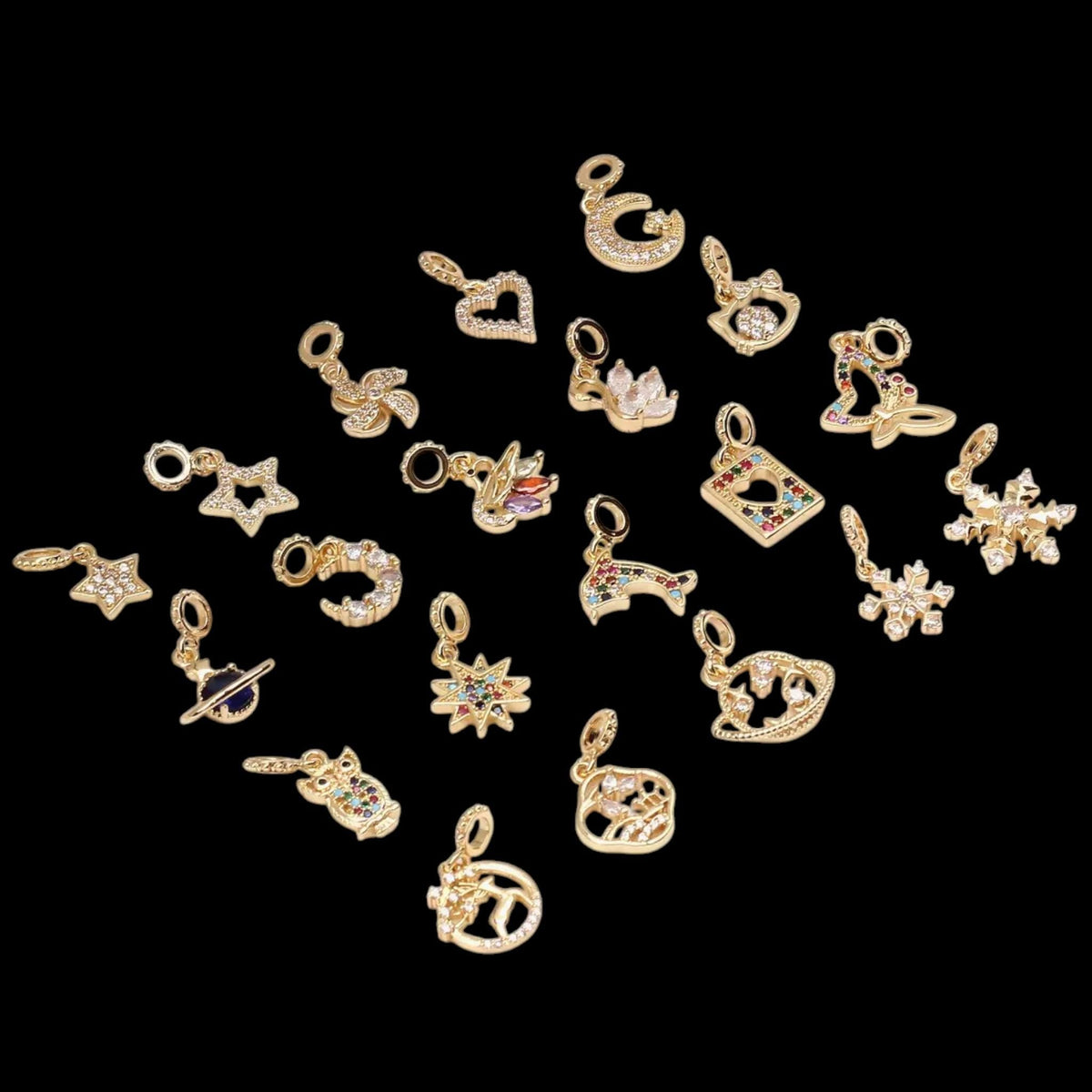 18K Gold Plated Charm Set | CZ Star Heart Moon Planet Charms for Jewelry