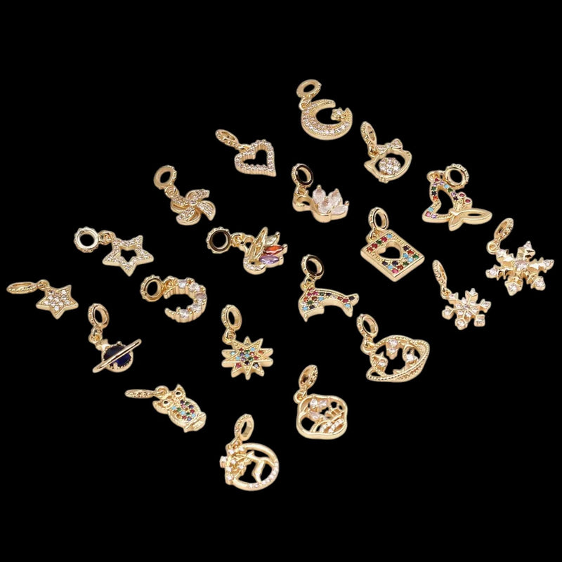 18K Gold Plated Charm Set | CZ Star Heart Moon Planet Charms for Jewelry
