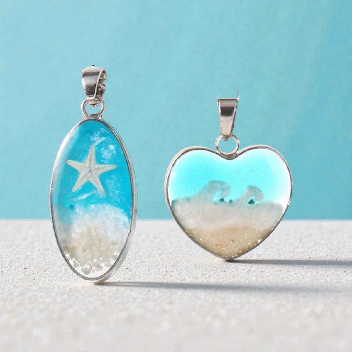 Oval and Heart Ocean Necklace  Resin Beach Jewelry, Coastal Pendant,