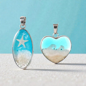 Oval and Heart Ocean Necklace  Resin Beach Jewelry, Coastal Pendant,