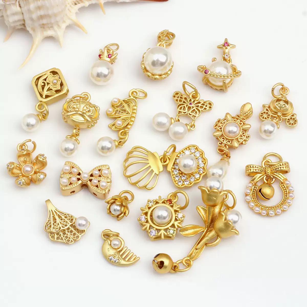 18K Gold Pearl Charms Set | Vintage Bow Crown Butterfly Floral Jewelry Charms