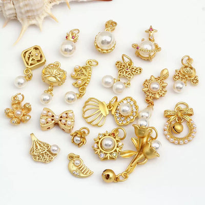 18K Gold Pearl Charms Set | Vintage Bow Crown Butterfly Floral Jewelry Charms