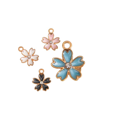 Enamel Flower Charms | Gold Tone Floral Pendants | Crystal Center Charms