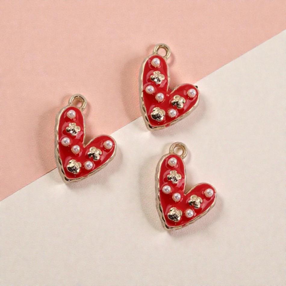 Gold Plated Enamel Heart Charm | Faux Pearl Jewelry Pendant