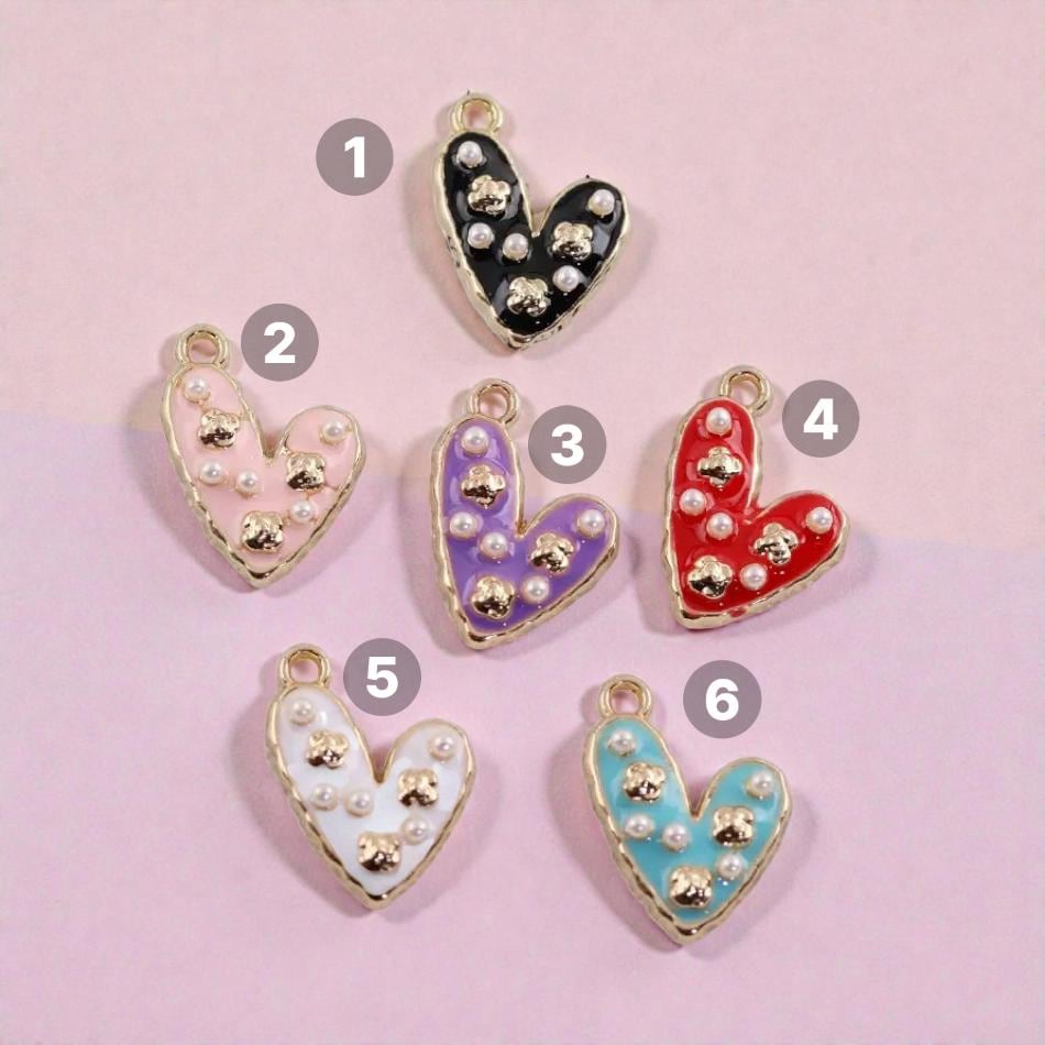 Gold Plated Enamel Heart Charm | Faux Pearl Jewelry Pendant
