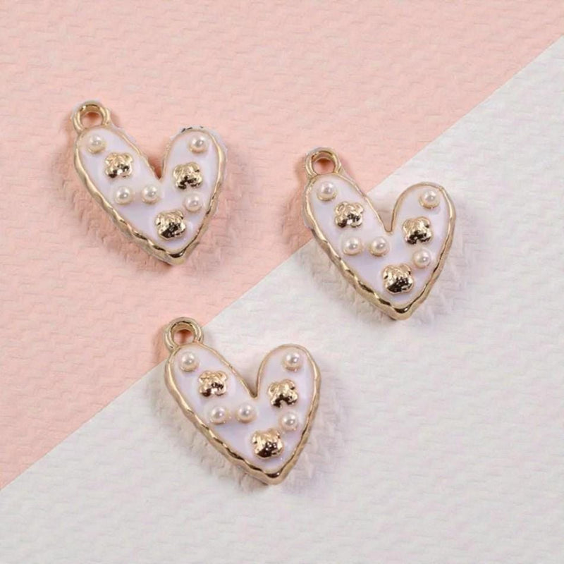 Gold Plated Enamel Heart Charm | Faux Pearl Jewelry Pendant