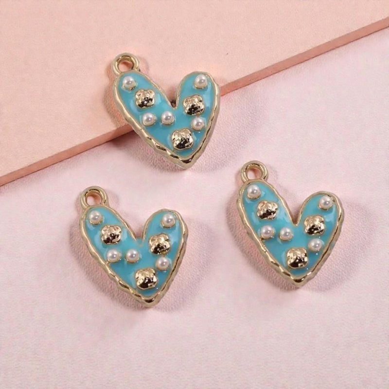 Gold Plated Enamel Heart Charm | Faux Pearl Jewelry Pendant