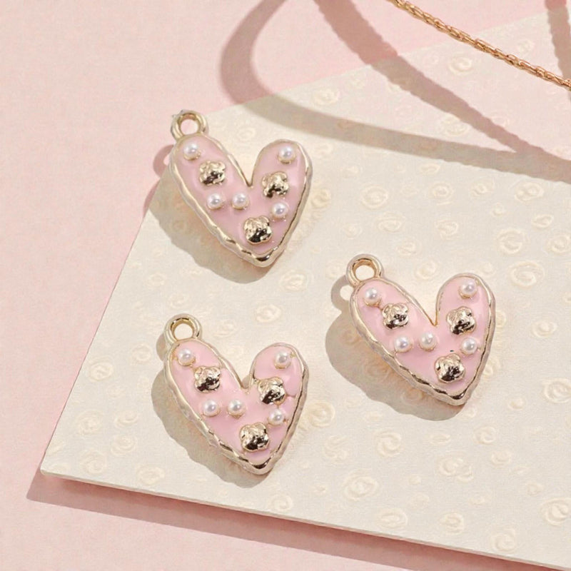 Gold Plated Enamel Heart Charm | Faux Pearl Jewelry Pendant