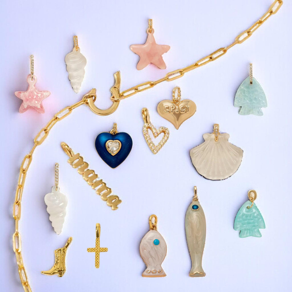 Gold Plated Charm Collection, Heart, Star, Shell, Fish - Cross Charms, Enamel Pendants