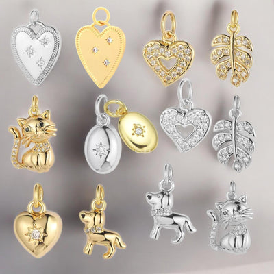 Gold Plated Heart Animal Charms, CZ Leaf Star Pet Charms,
