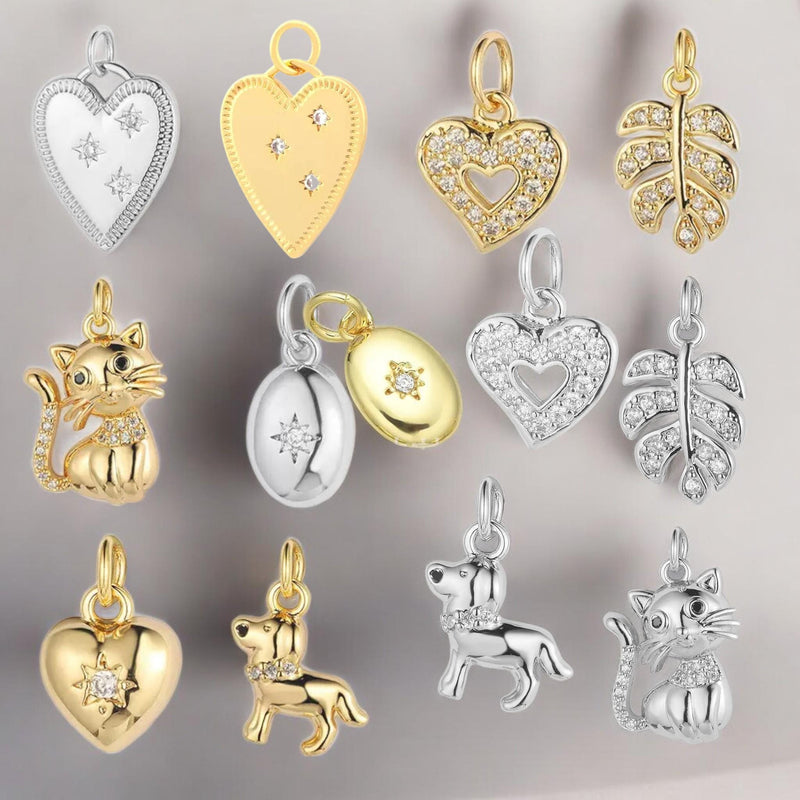Gold Plated Heart Animal Charms, CZ Leaf Star Pet Charms,