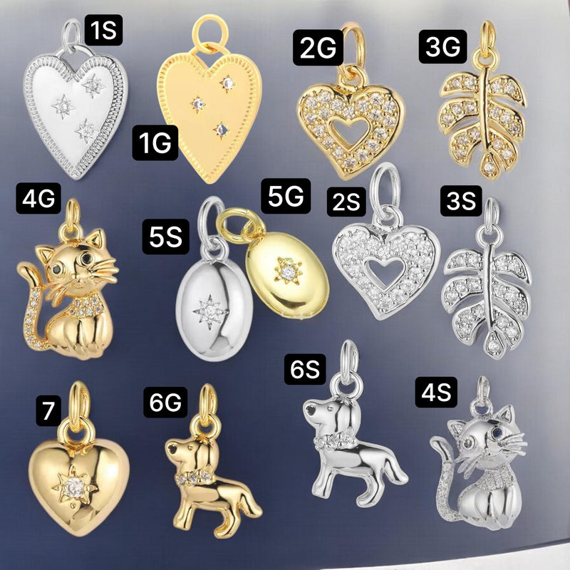 Gold Plated Heart Animal Charms, CZ Leaf Star Pet Charms,
