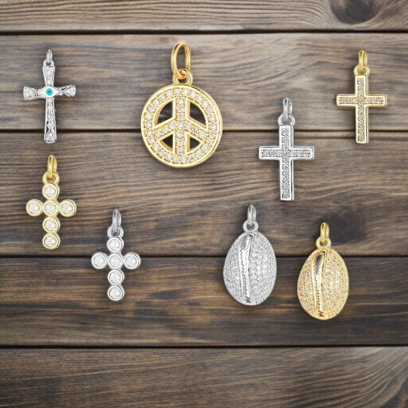 Gold Plated Cross Peace Shell Charms, CZ Religious Symbol Jewelry Pendants