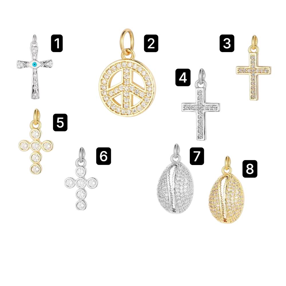 Gold Plated Cross Peace Shell Charms, CZ Religious Symbol Jewelry Pendants