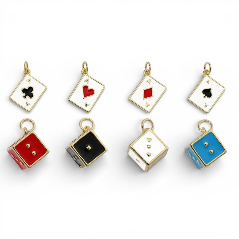 Gold Plated Playing Card & Dice Charms, Enamel Casino Lucky Jewelry