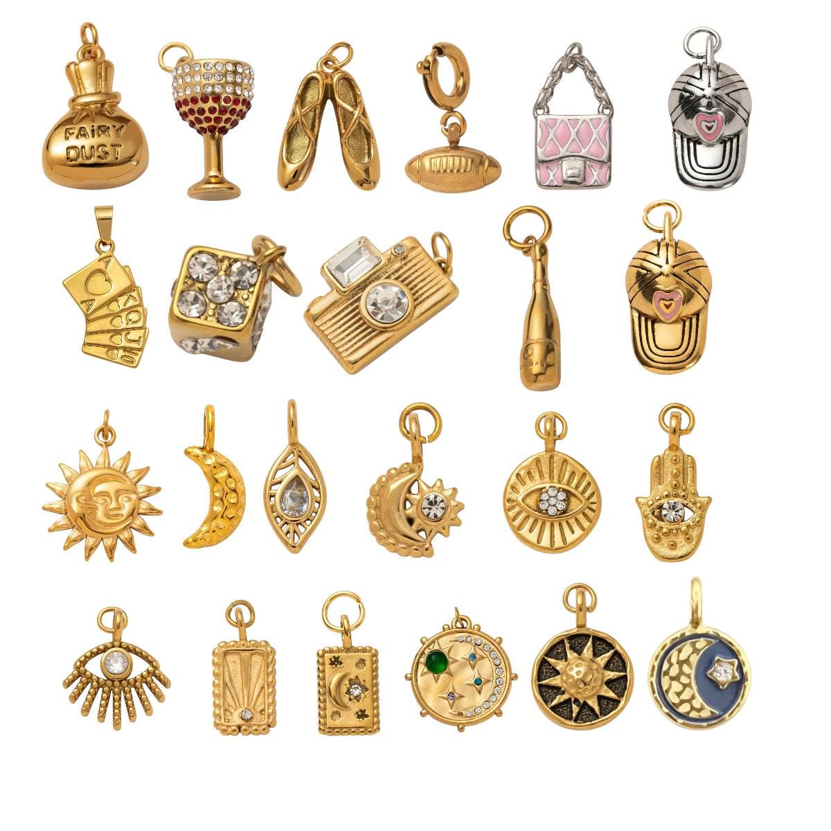 Gold Plated Symbol & Lucky Charms, Sun Moon Eye Camera Ballet Pendant Set