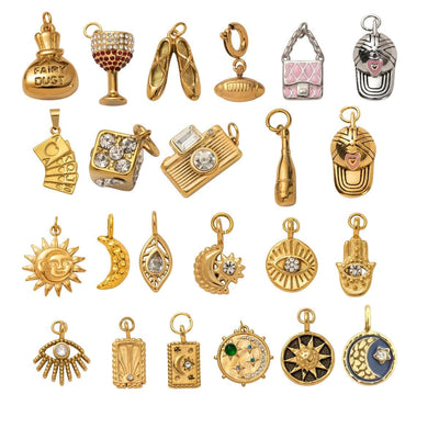 Gold Plated Symbol & Lucky Charms, Sun Moon Eye Camera Ballet Pendant Set
