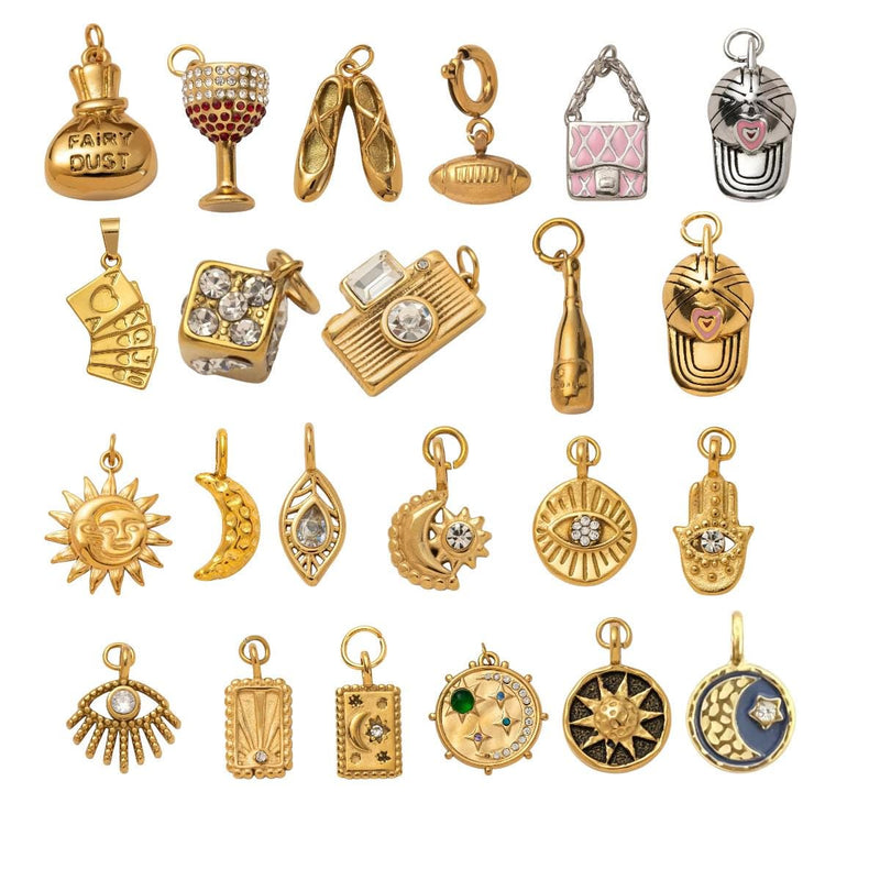 Gold Plated Symbol & Lucky Charms, Sun Moon Eye Camera Ballet Pendant Set