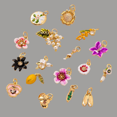 Gold Plated Enamel Flower Charms Set, Floral Pearl Fruit Heart Shoe Charms