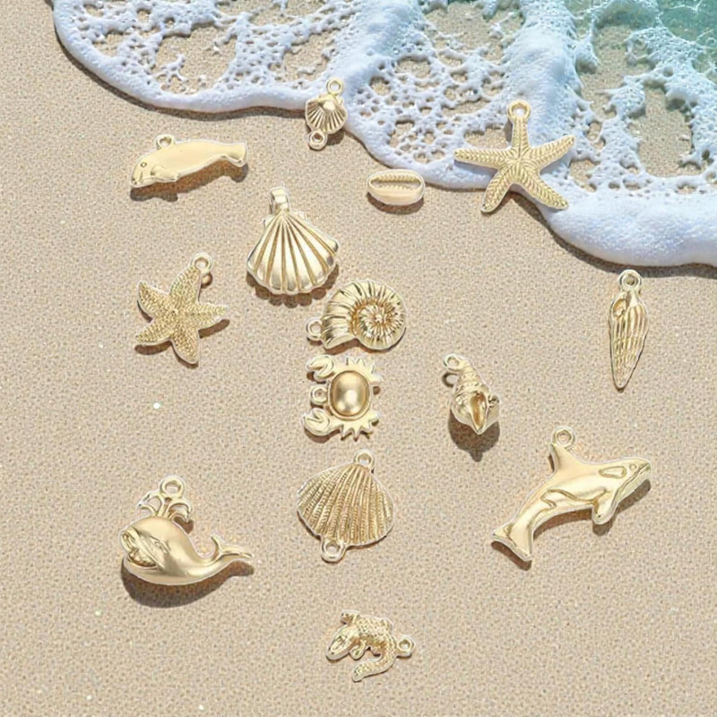 Gold Plated Ocean Charms Mix, Manatee Whale Alligator Shell Starfish