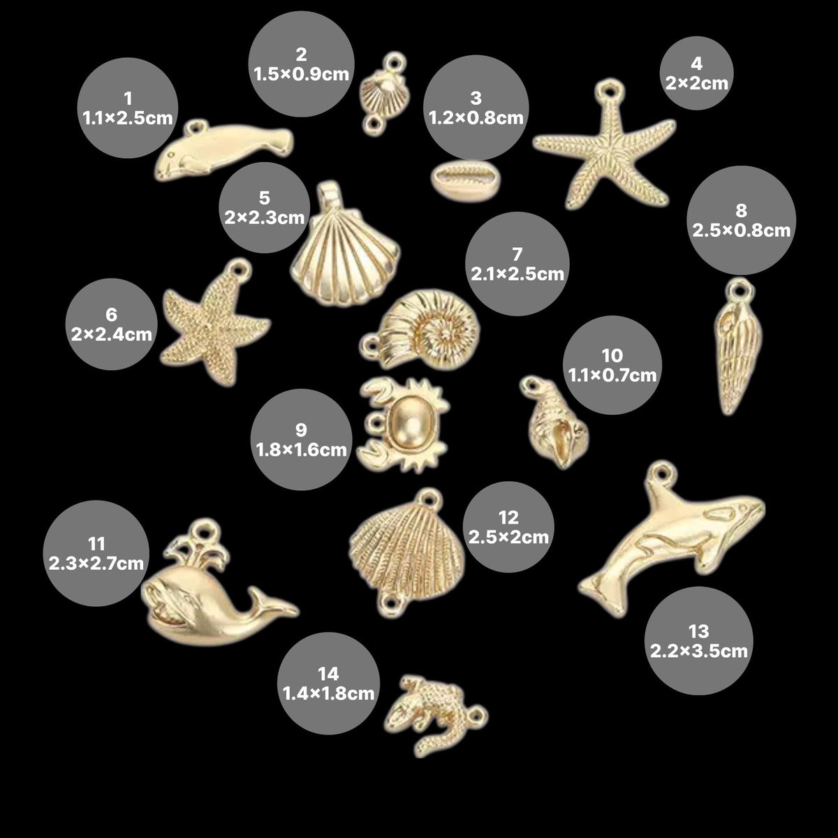 Gold Plated Ocean Charms Mix, Manatee Whale Alligator Shell Starfish