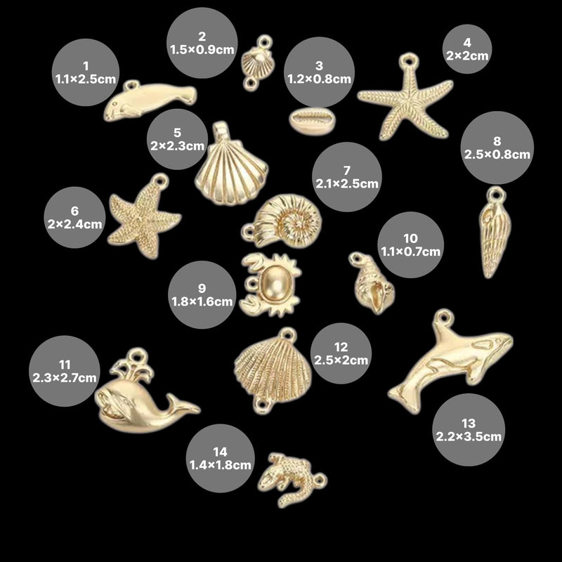 Gold Plated Ocean Charms Mix, Manatee Whale Alligator Shell Starfish