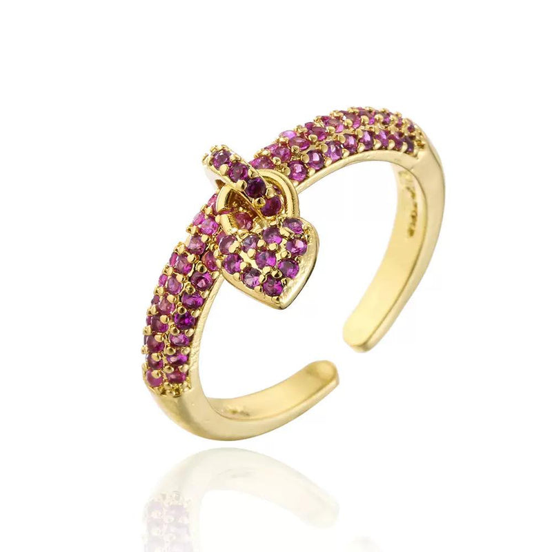 Gold Plated Crystal Heart Ring  Adjustable Pavé Band