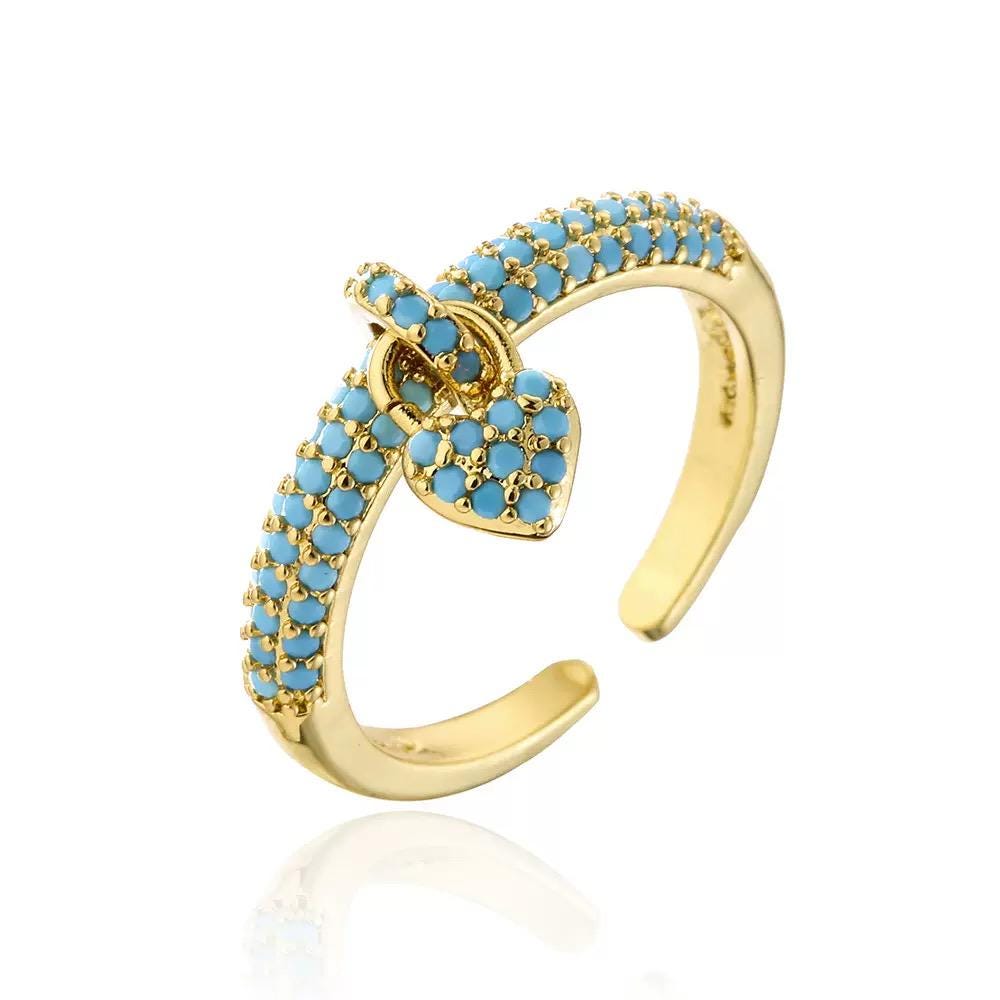 Gold Plated Crystal Heart Ring  Adjustable Pavé Band