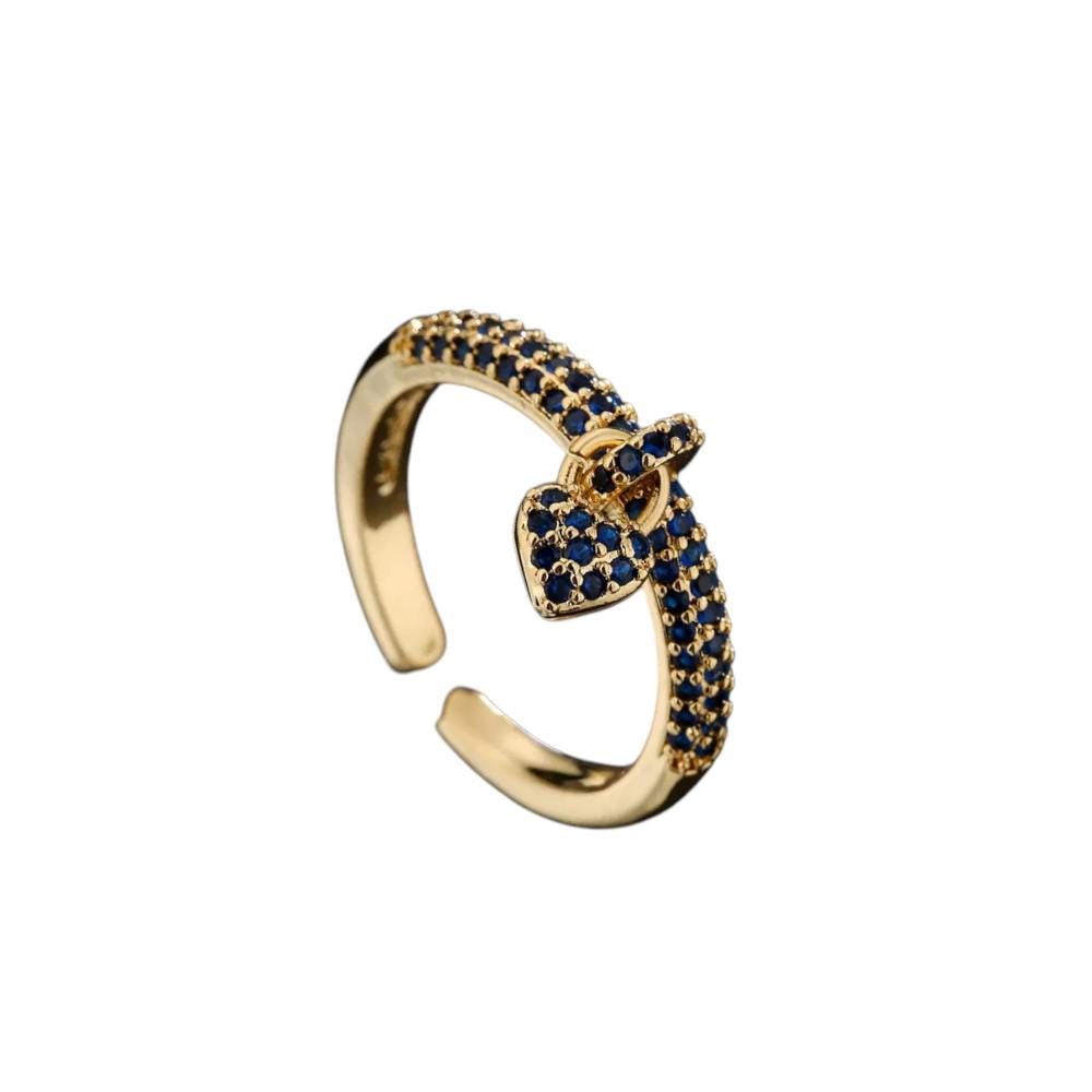 Gold Plated Crystal Heart Ring  Adjustable Pavé Band