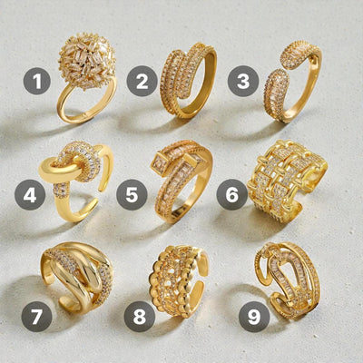 Gold Plated Statement Rings  Crystal Band, Chunky Open & Modern Adjustable Rings