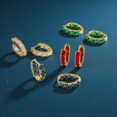Gold Plated Gemstone Hoop Earrings  Emerald Green, Ruby Red & Sapphire Blue Crystal Huggies