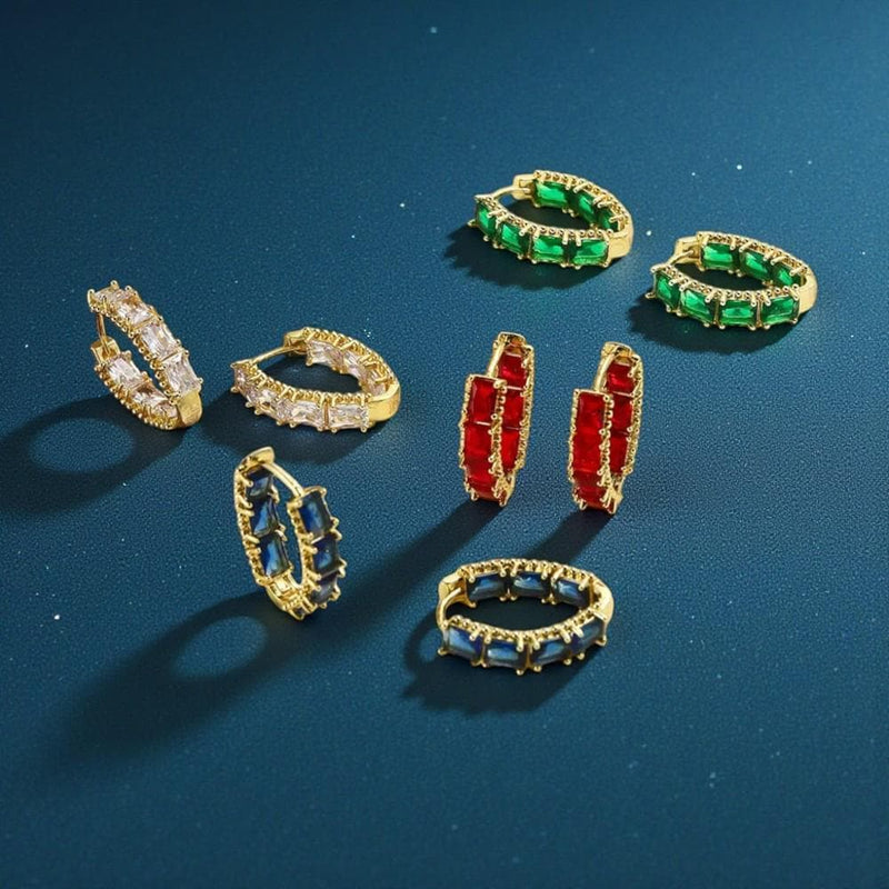 Gold Plated Gemstone Hoop Earrings  Emerald Green, Ruby Red & Sapphire Blue Crystal Huggies