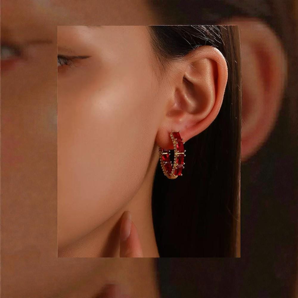 Gold Plated Gemstone Hoop Earrings  Emerald Green, Ruby Red & Sapphire Blue Crystal Huggies
