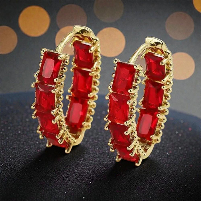 Gold Plated Gemstone Hoop Earrings  Emerald Green, Ruby Red & Sapphire Blue Crystal Huggies