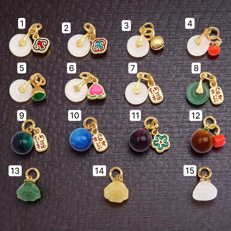 DIY Lucky Charms Set | Gold Plated Enamel Stone Charms Fortune, Jade, Peach & Bell Pendants