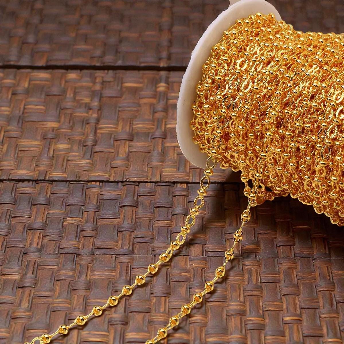 18K Gold Plated Beaded Oval Chain by the Yard | Diamond Cut Satellite Link Chain for DIY Jewelry Making
