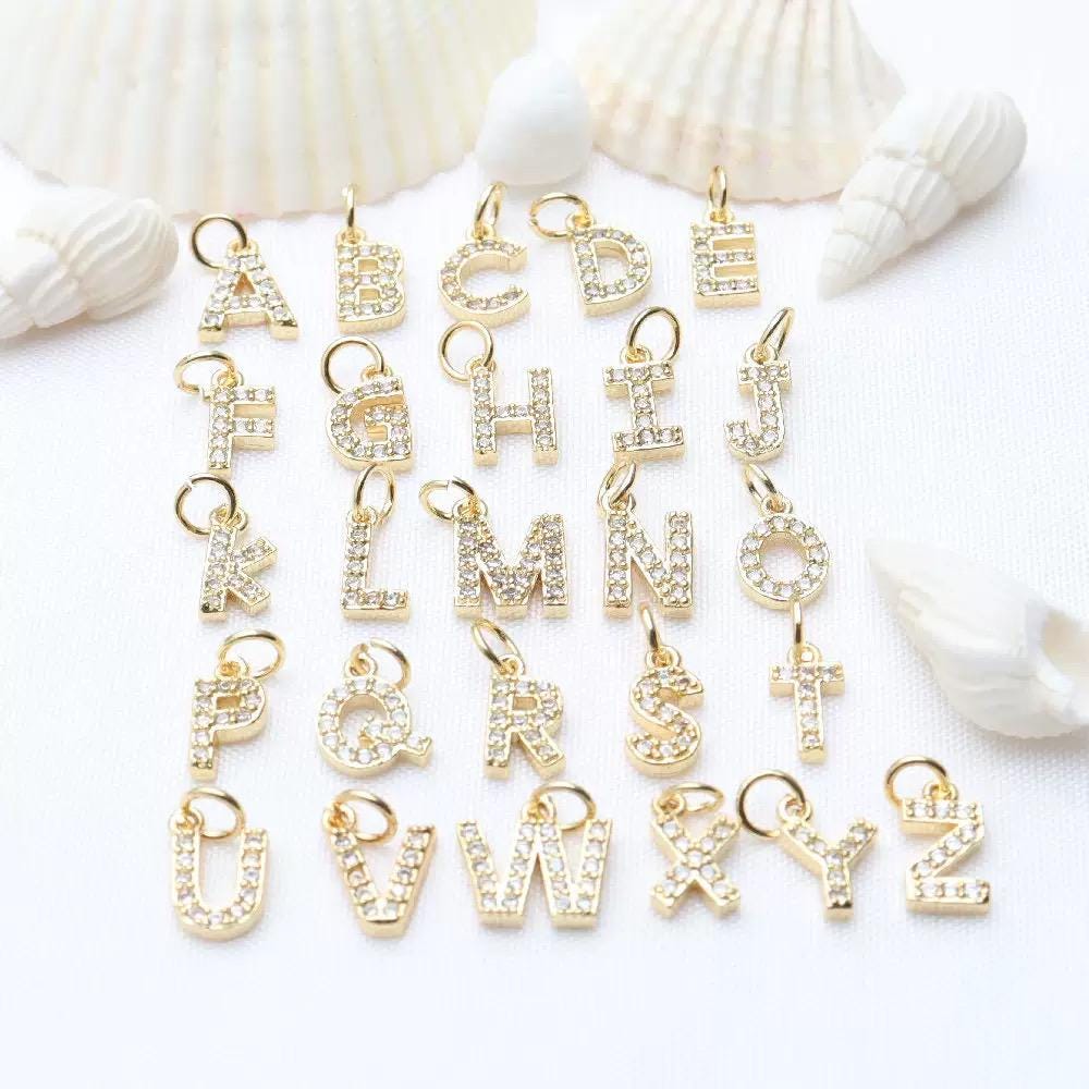 18K Gold Initial Letter Charms, CZ Alphabet Charms, AZ Gold Letter Pendant for Necklaces & Bracelets