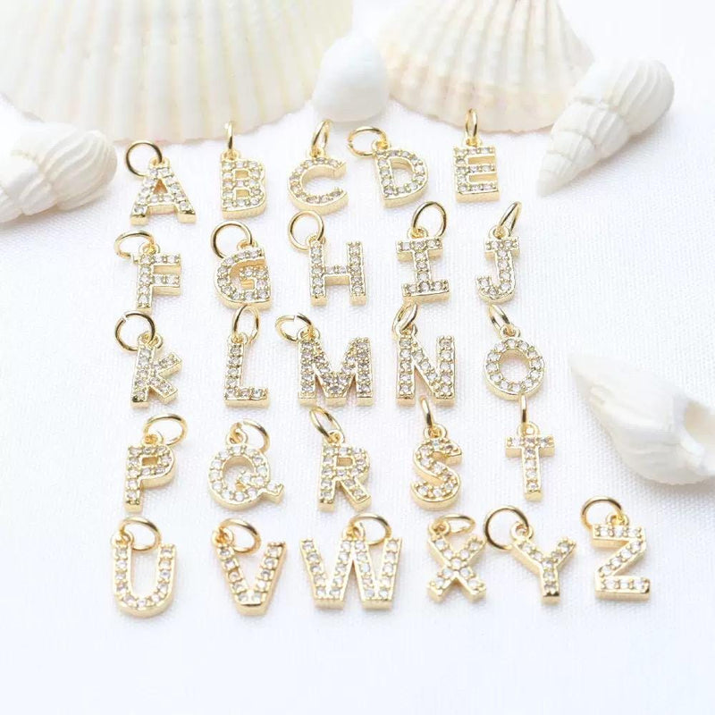 18K Gold Initial Letter Charms, CZ Alphabet Charms, AZ Gold Letter Pendant for Necklaces & Bracelets