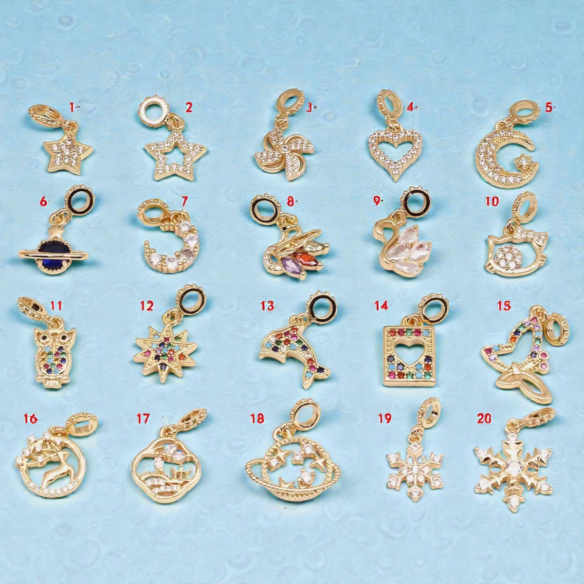 18K Gold Plated Charm Set | CZ Star Heart Moon Planet Charms for Jewelry