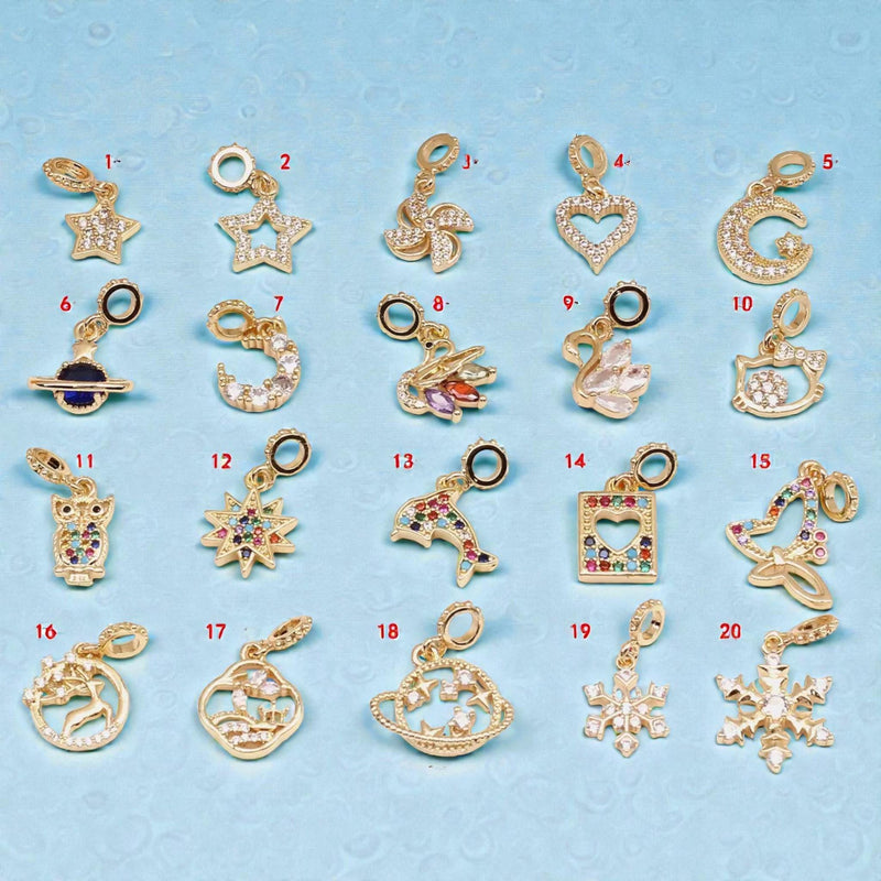 18K Gold Plated Charm Set | CZ Star Heart Moon Planet Charms for Jewelry
