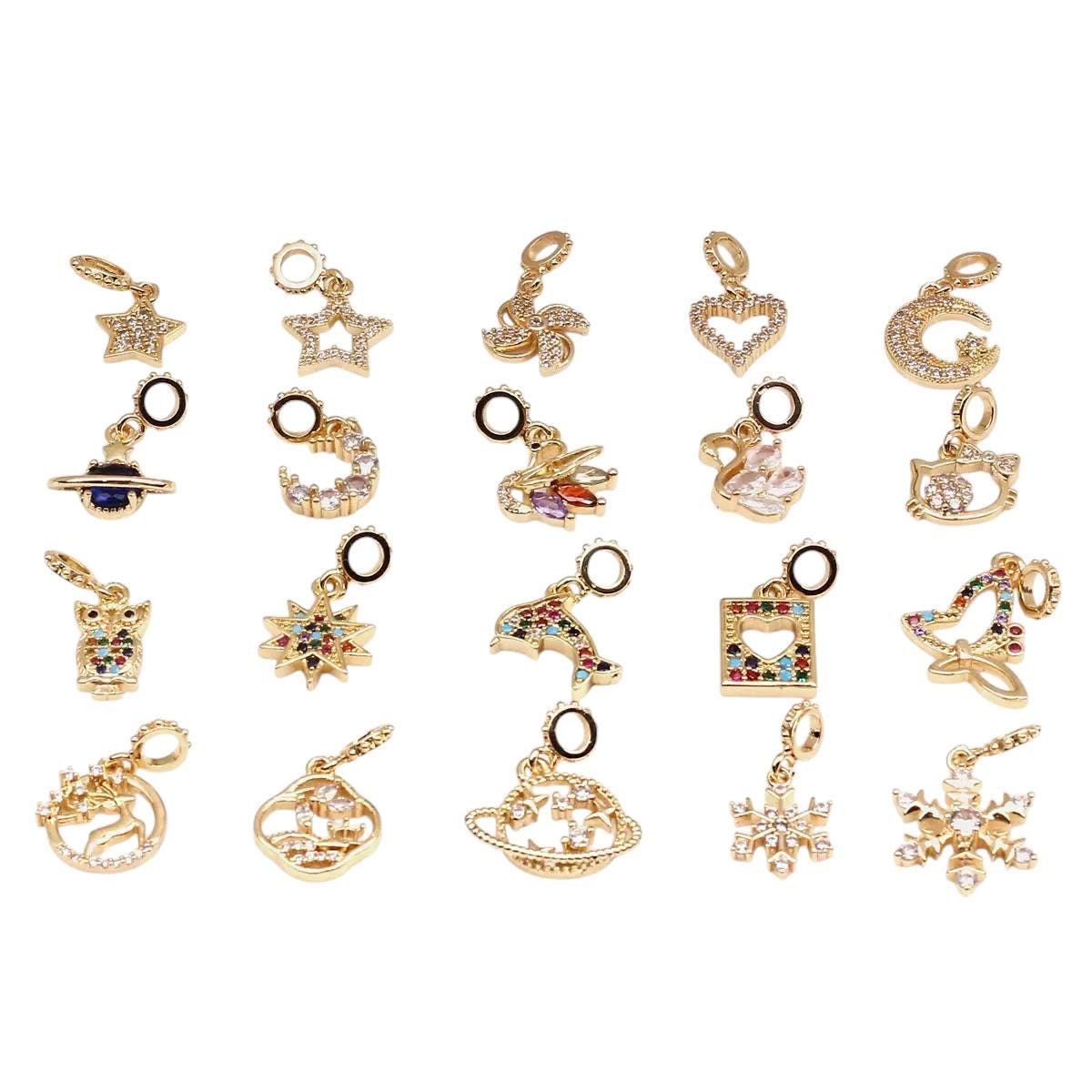 18K Gold Plated Charm Set | CZ Star Heart Moon Planet Charms for Jewelry