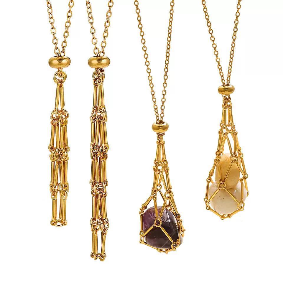Gold Pendant Cage Necklace | Adjustable Crystal Stone Holder Chain.