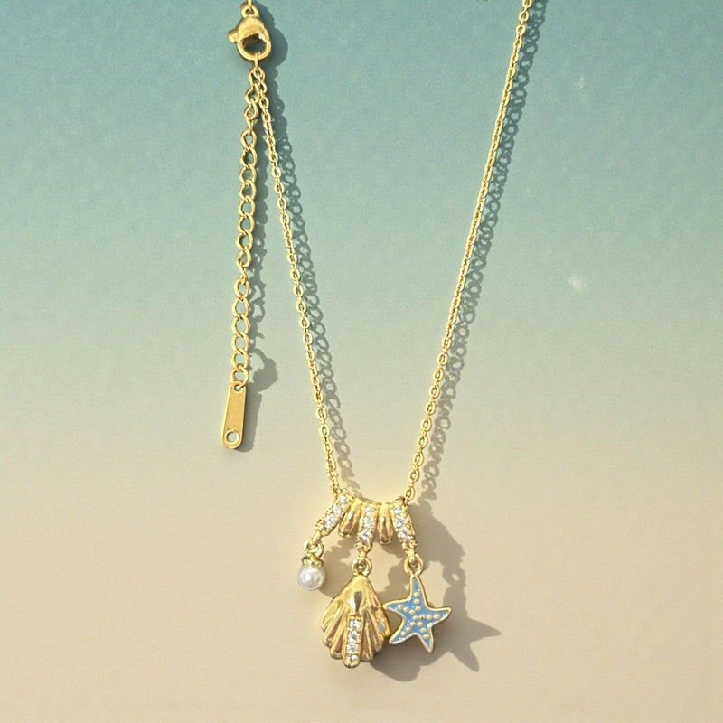 Gold Plated Seashell & Starfish Charm Necklace | Stainless Steel Coastal Pendant with Pearl