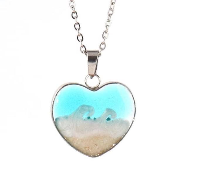 Oval and Heart Ocean Necklace  Resin Beach Jewelry, Coastal Pendant,