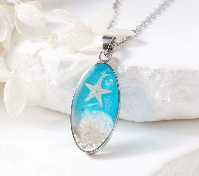 Oval and Heart Ocean Necklace  Resin Beach Jewelry, Coastal Pendant,